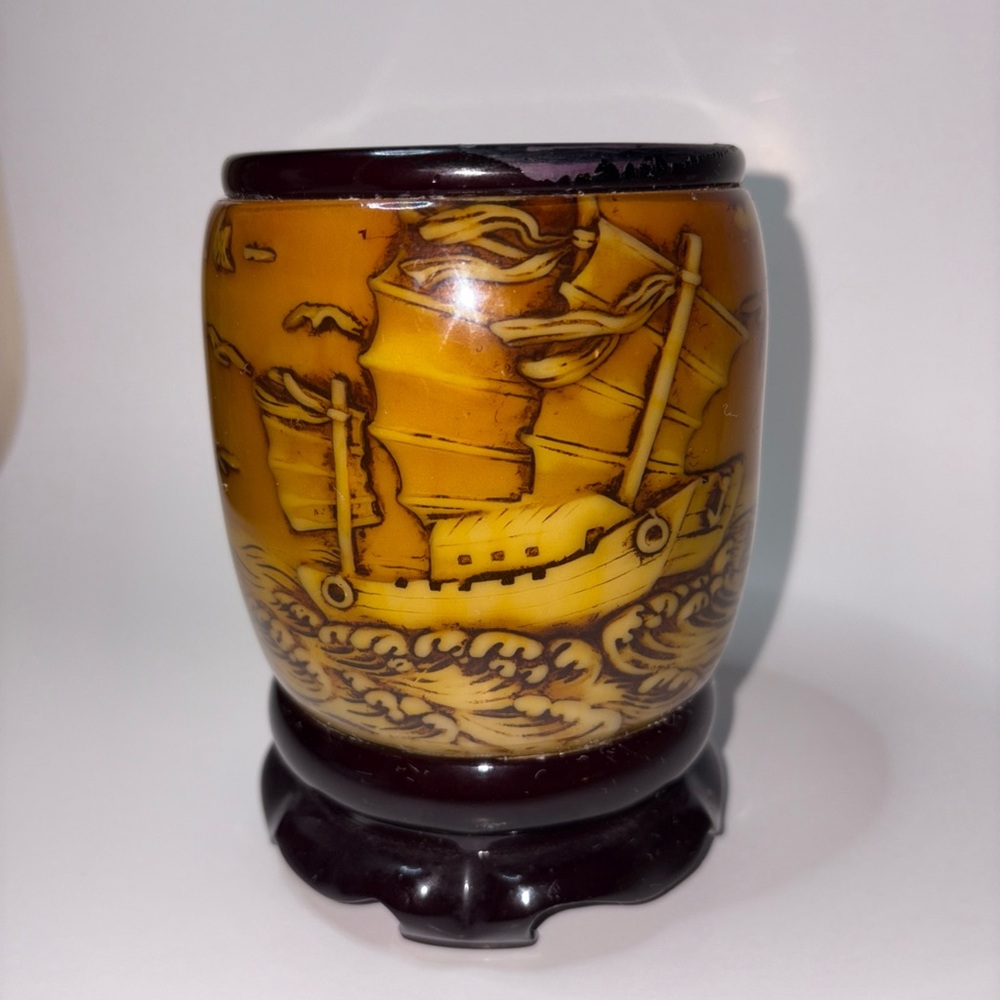 Vintage Carved Chinese Wood Pencil Paint Brush Holder Ship Trees Rotates